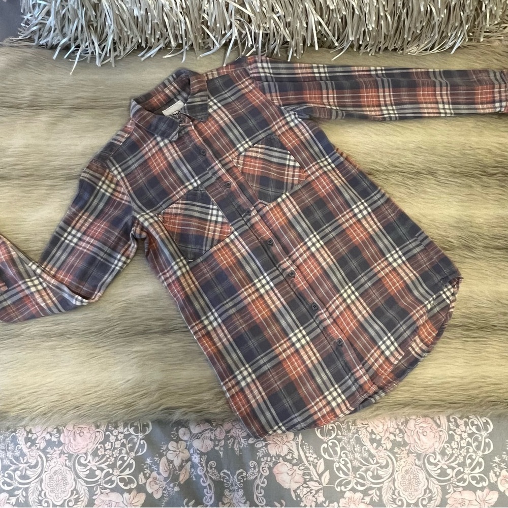 MUDD Grunge Long Sleeve Button Down Flannel Shirt Rusted Orange Blue Plaid XS